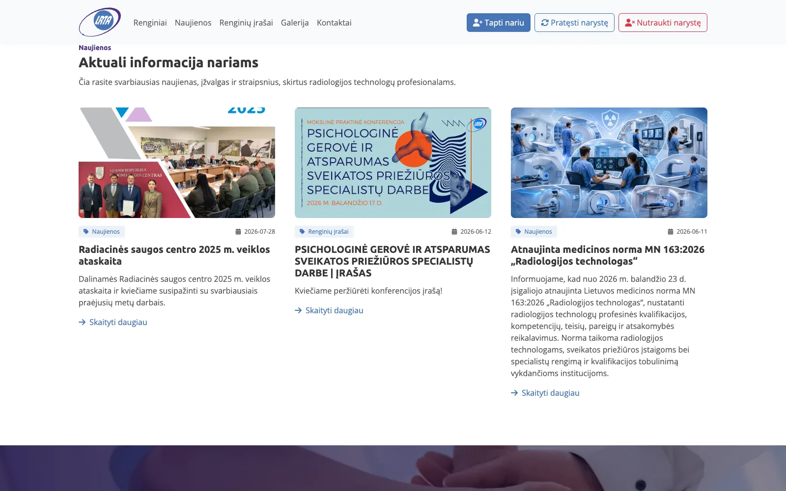 Aktuali informacija nariams: naujienos ir renginių įrašai su kategorija ir data.