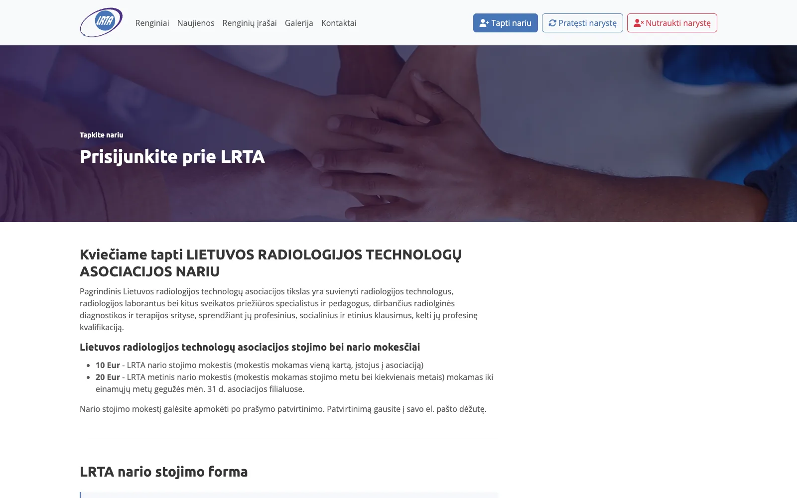 Stojimo puslapis: asociacijos tikslas, stojimo ir metinio nario mokesčiai.
