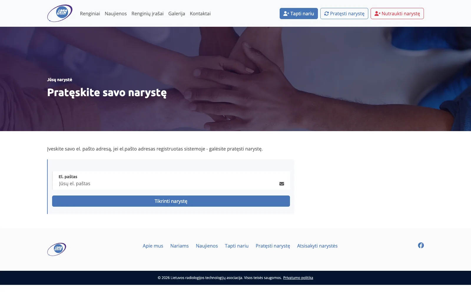 Narystės pratęsimas: narys atpažįstamas pagal sistemoje registruotą el. pašto adresą.