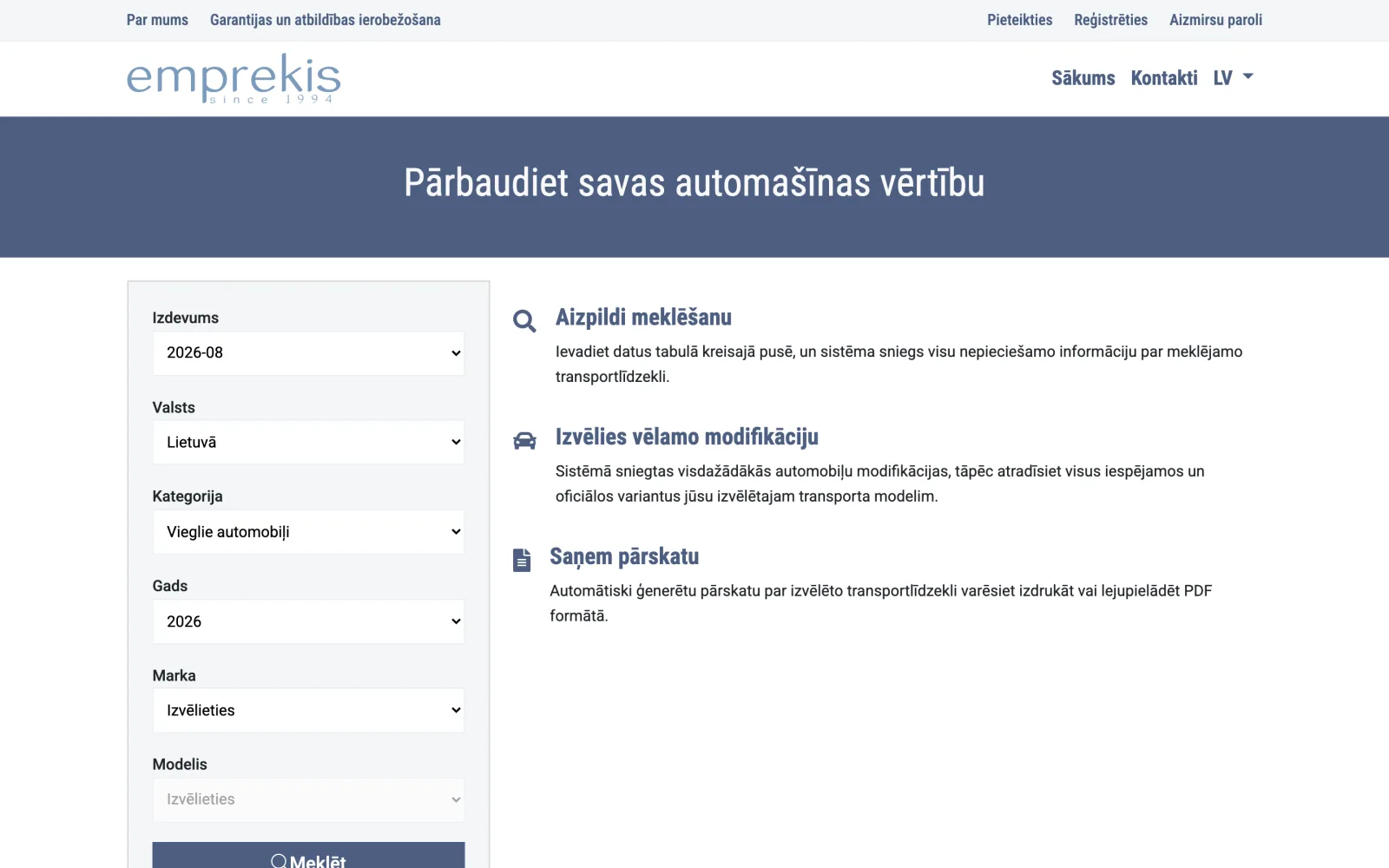 Užpildyta paieška: šalis, kategorija ir metai susiaurina modifikacijų sąrašą.