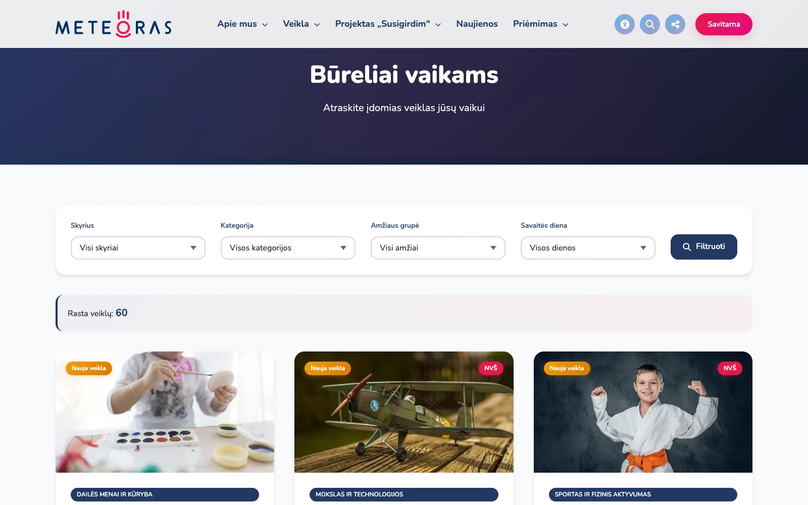 Būrelių katalogas su filtrais pagal skyrių, kategoriją, amžiaus grupę ir savaitės dieną.