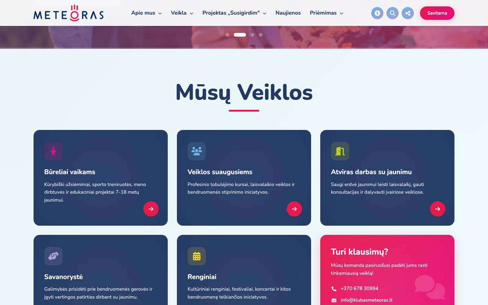 Veiklos kryptys: būreliai vaikams, veiklos suaugusiems, atviras darbas su jaunimu, savanorystė ir renginiai.