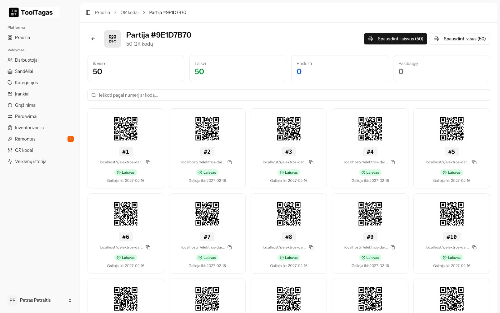 QR kodų partija: iš anksto sugeneruoti lipdukai su galiojimu ir spausdinimu vienu mygtuku.