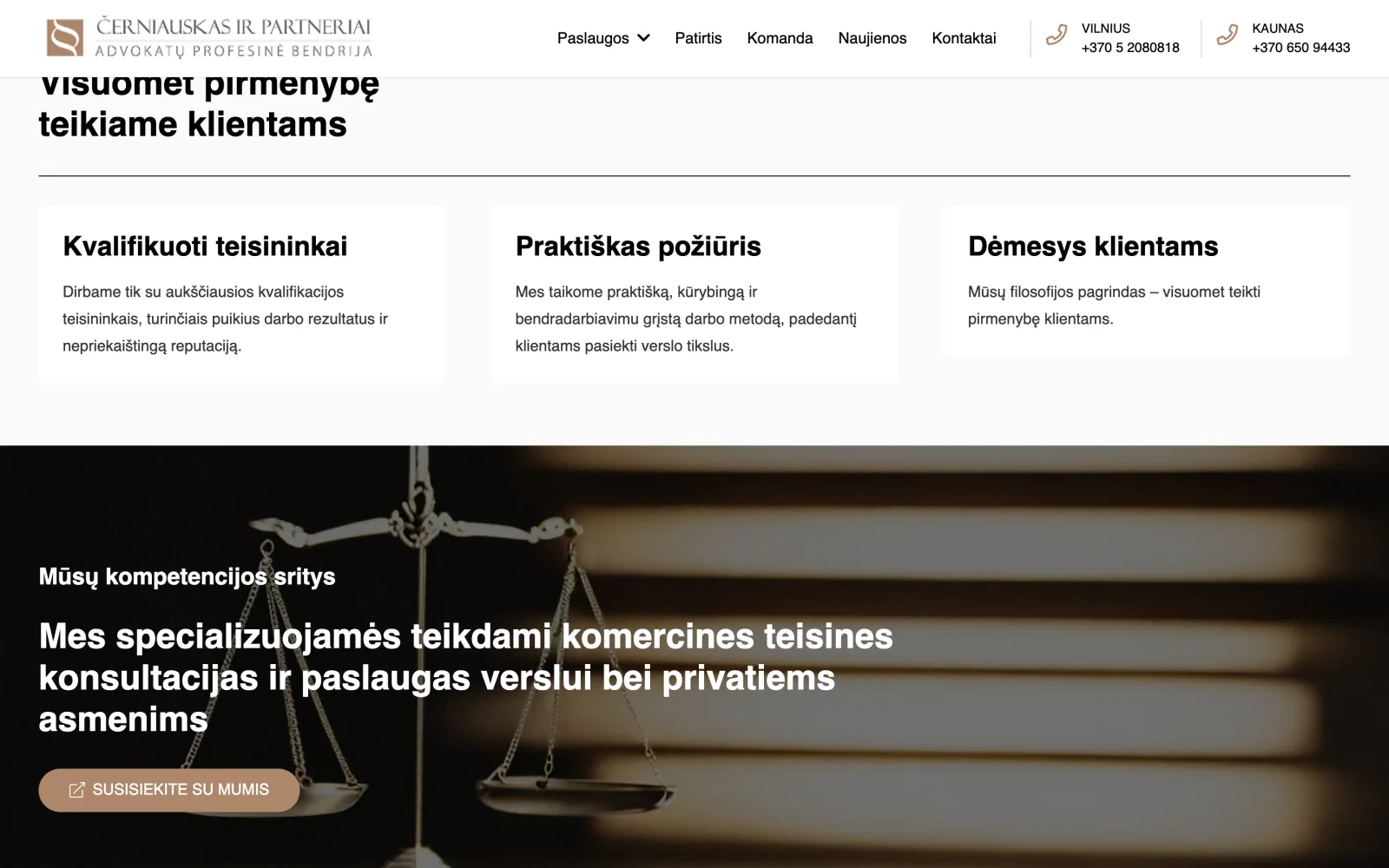 Kontoros principų blokas: kvalifikacija, praktiškas požiūris, pirmenybė klientui.