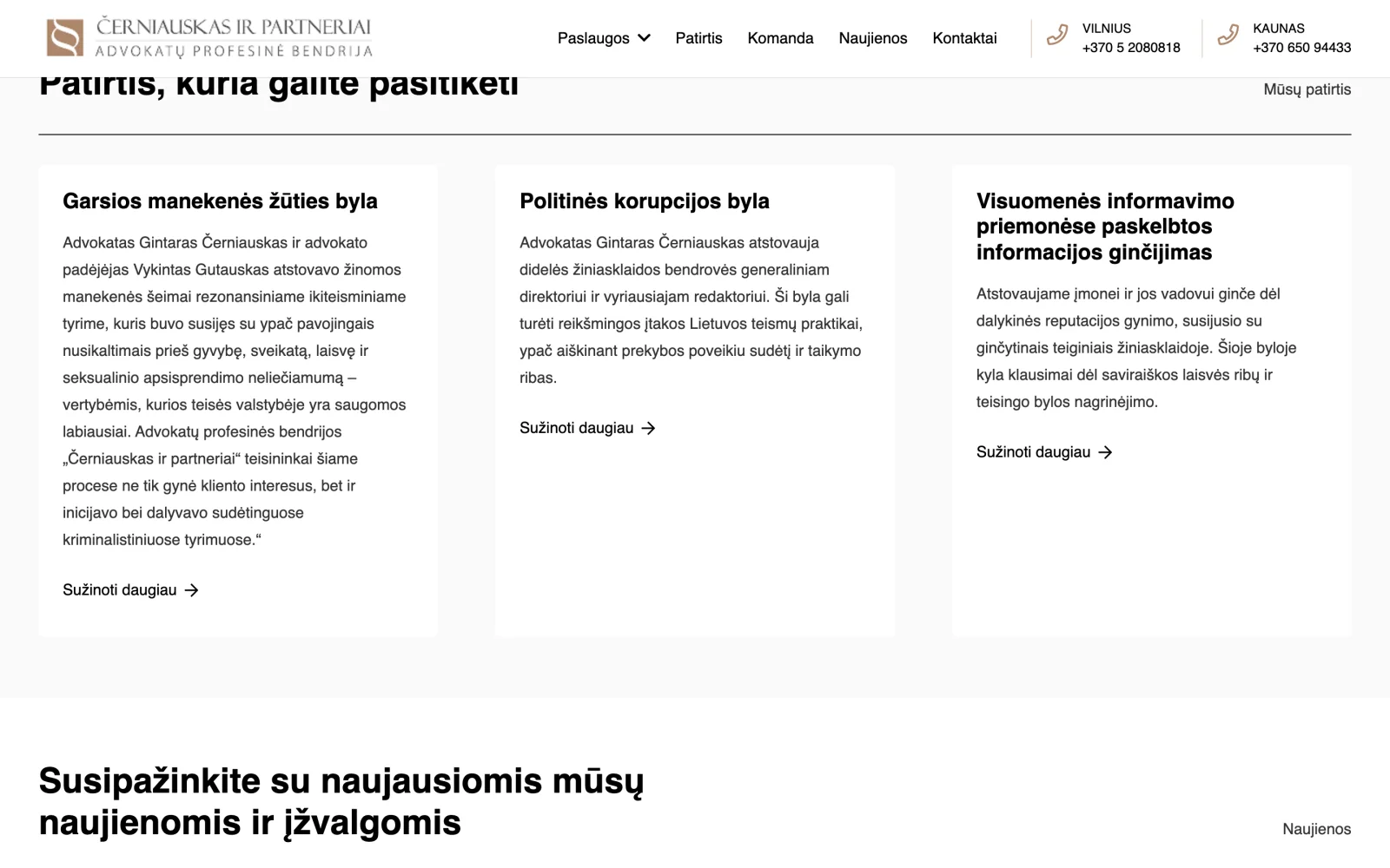 Patirties sekcija su žinomomis bylomis, kuriose kontora atstovavo.