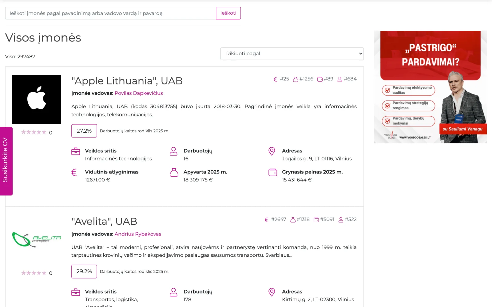 Įmonių katalogas: veiklos sritis, darbuotojų skaičius ir vidutinis atlyginimas prie kiekvienos.