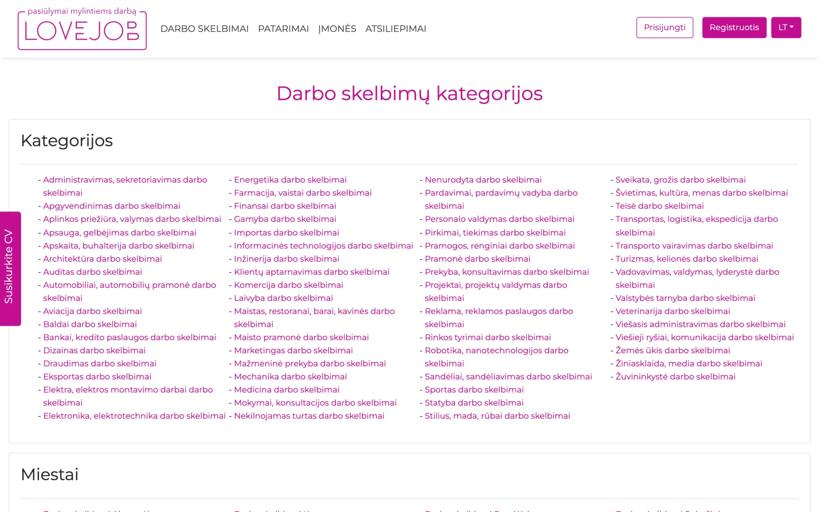 Kategorijų puslapis: visos pareigybės ir miestai atskiromis nuorodomis paieškos sistemoms.