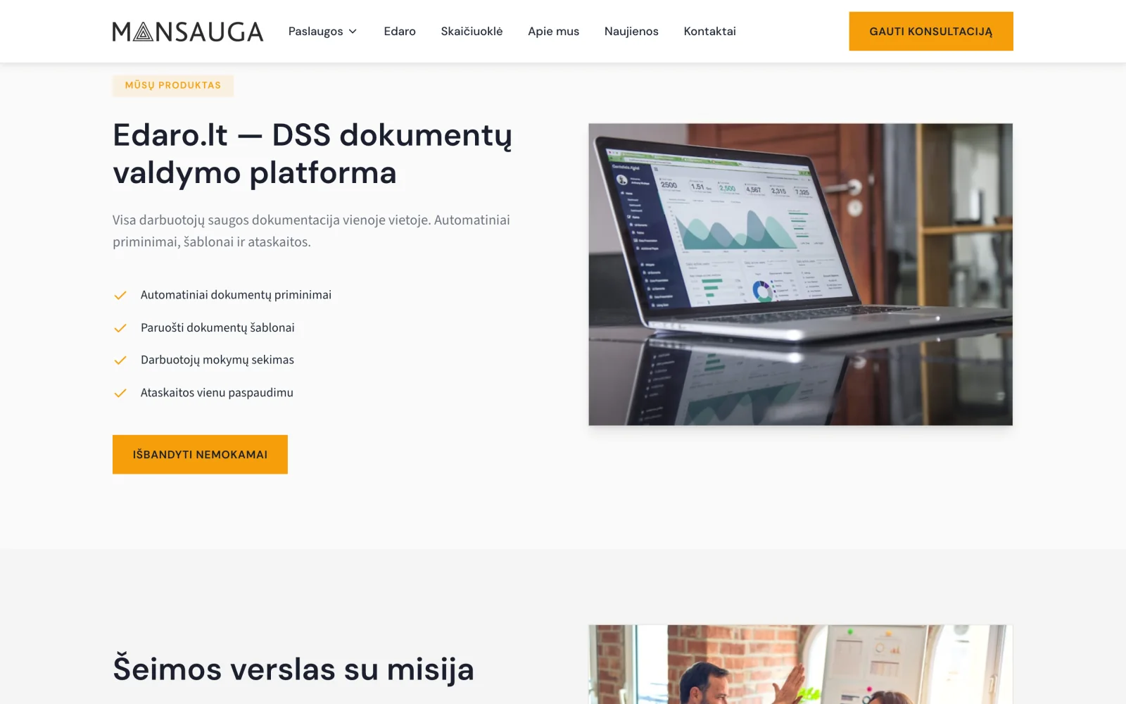 Edaro.lt pristatymas: dokumentų valdymo platforma, prie kurios veda atskira nuoroda.