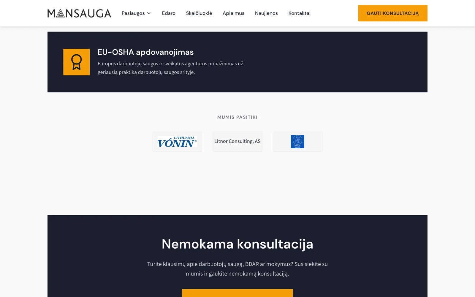 EU-OSHA apdovanojimo blokas ir nemokamos konsultacijos forma.