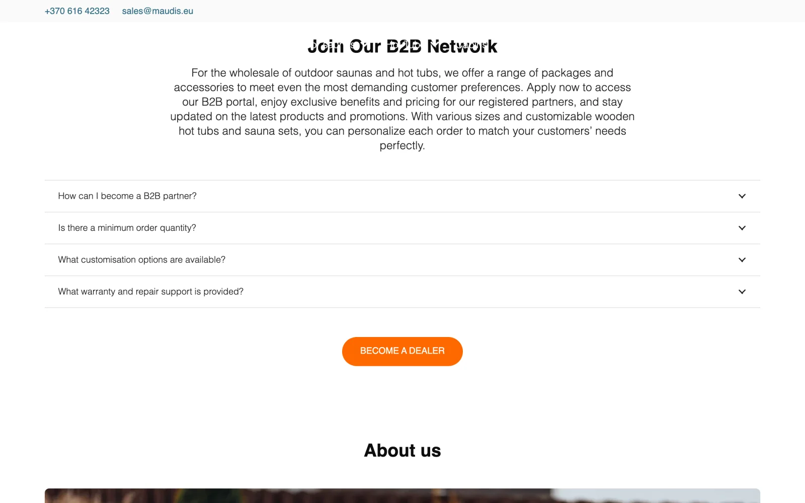 B2B tinklo sekcija su kvietimu partneriams ir informacija apie įmonę.