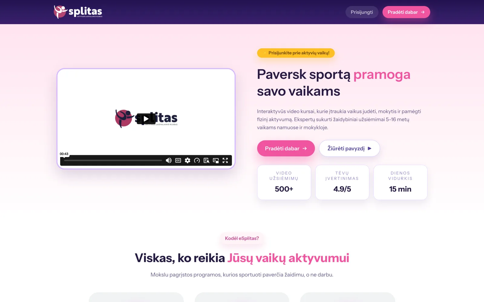 Titulinis ekranas su pristatomuoju vaizdo įrašu ir programos skaičiais.