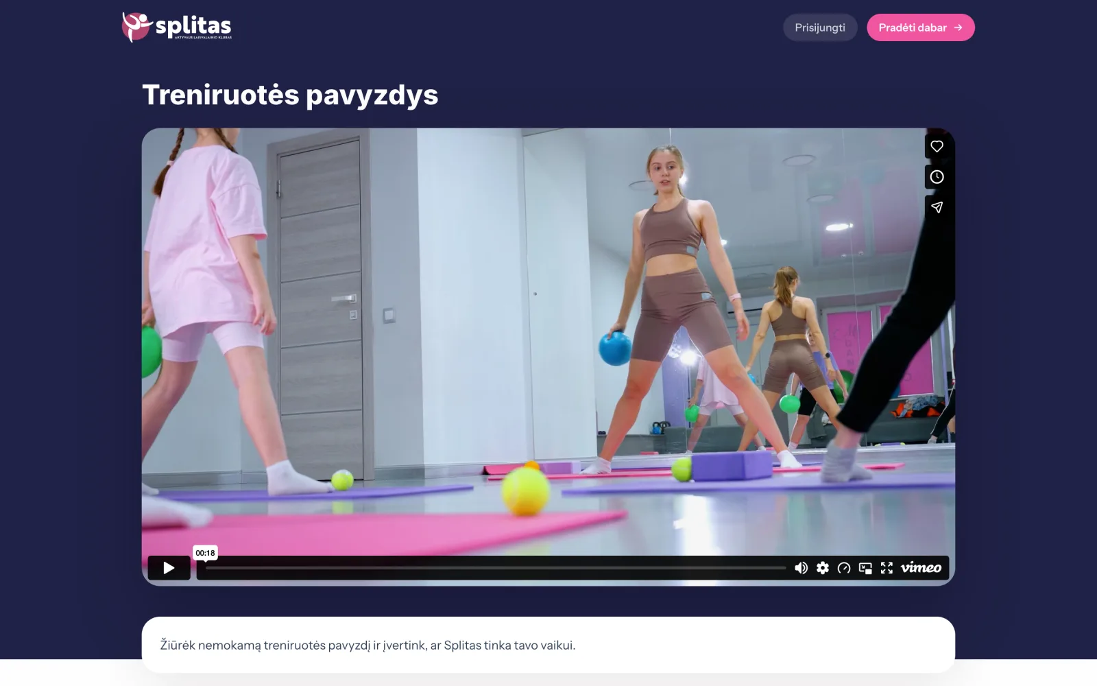 Vienos treniruotės peržiūra be registracijos, kad tėvai matytų realų turinį.