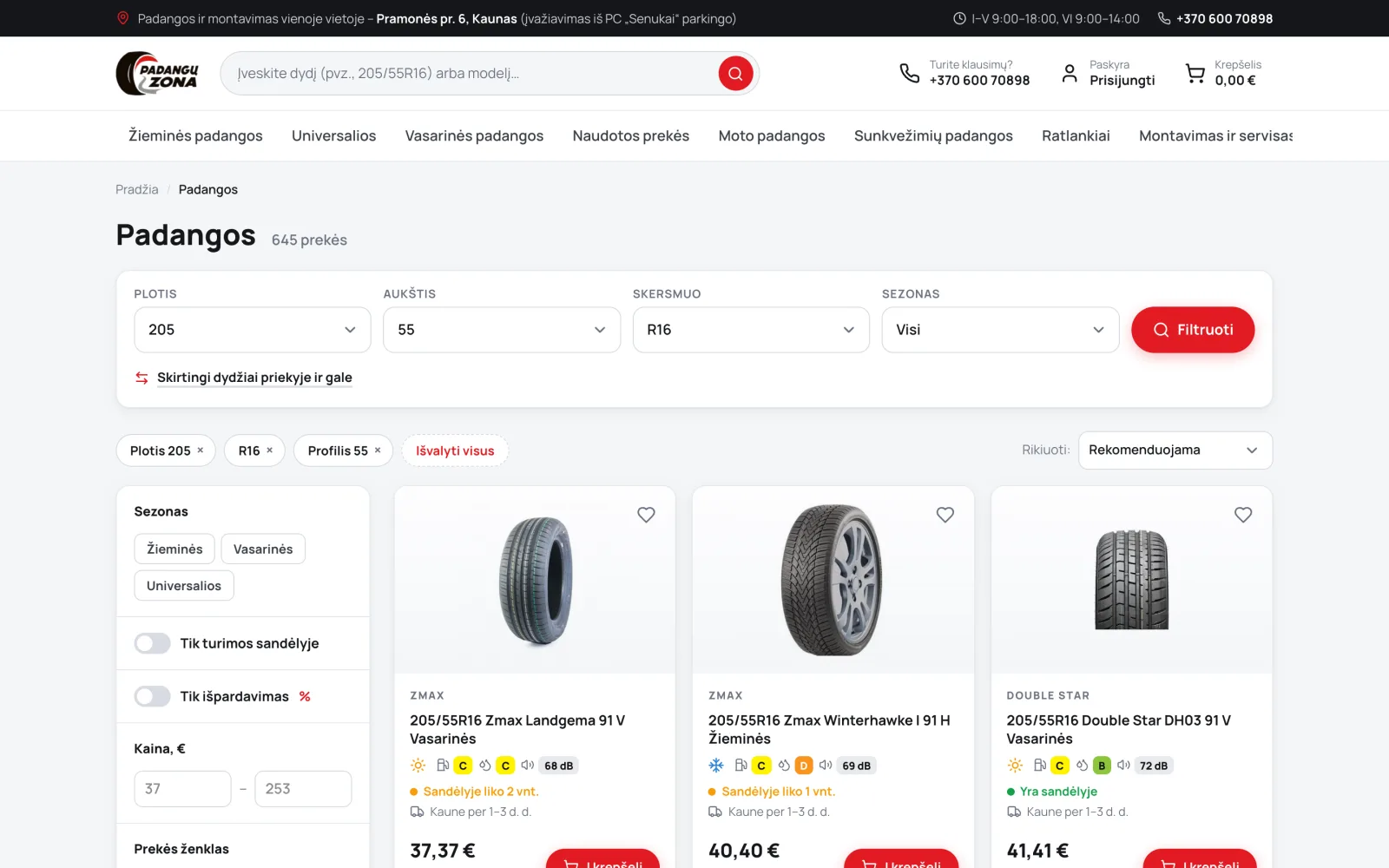 Padangų katalogas pagal matmenis 205/55 R16: aktyvūs filtrai, sezonas, likutis sandėlyje ir ES etiketės duomenys kiekvienoje kortelėje.