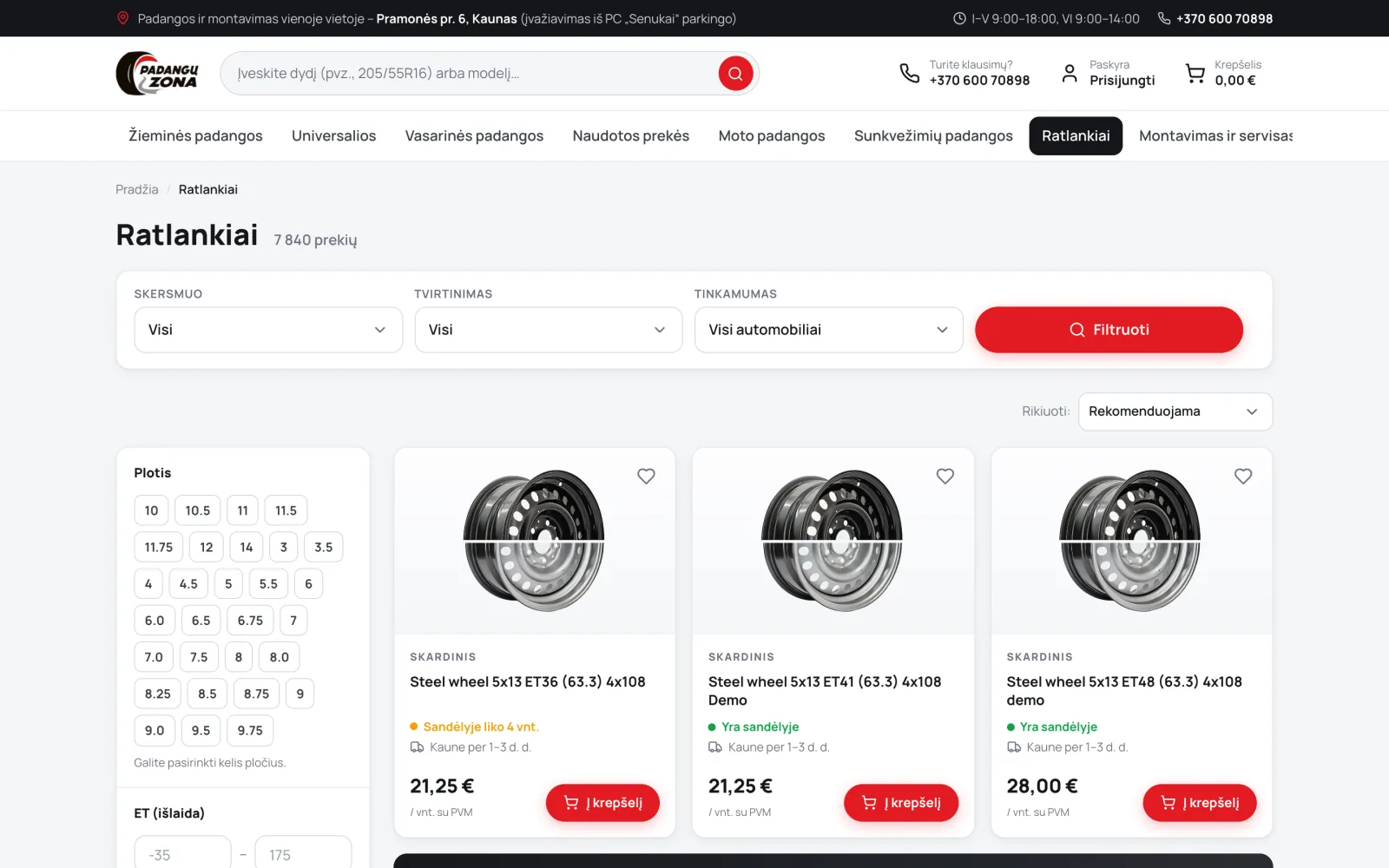 Ratlankių katalogas su savo parametrais: skersmuo, tvirtinimas, tinkamumas automobiliui, plotis ir ET išlaida.