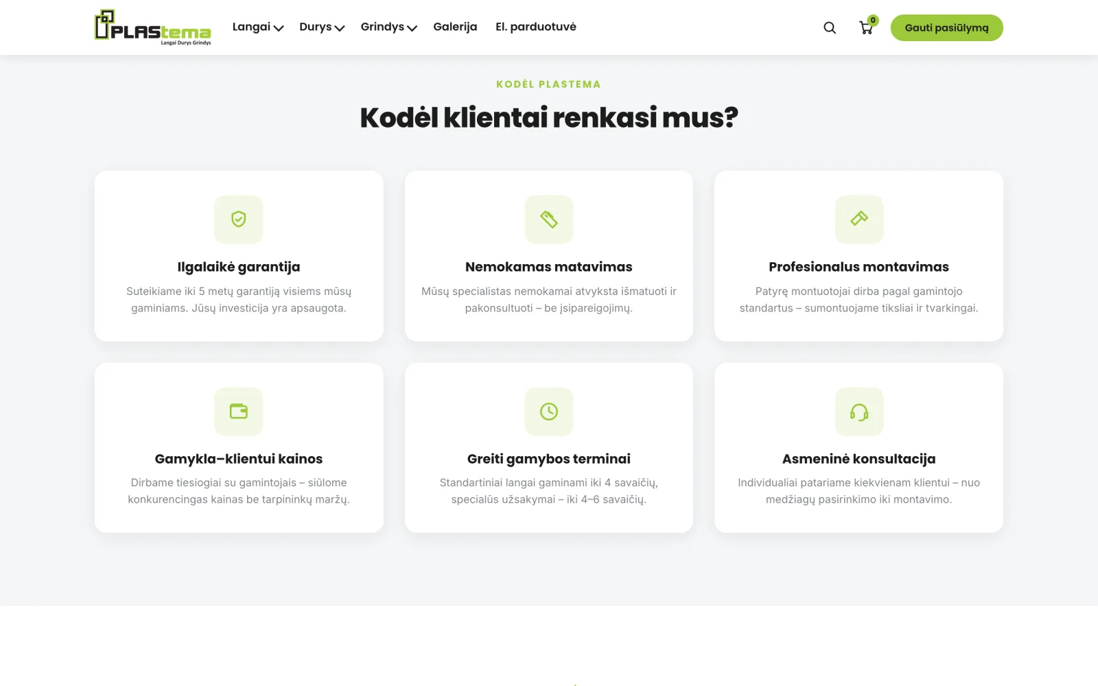 Pranašumų blokas: ilgalaikė garantija ir nemokamas matavimas.