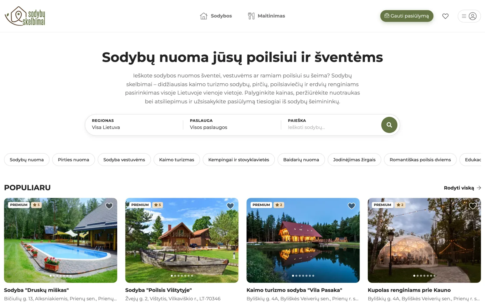 Pradinis puslapis: paieška pagal regioną ir paslaugą, po ja kategorijų juosta.