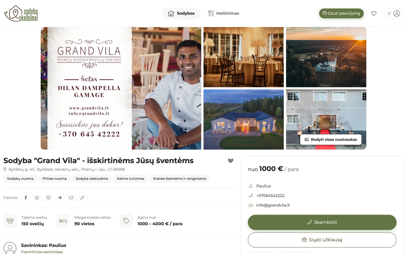 Skelbimo puslapis: nuotraukų galerija, savininko kontaktai ir talpos duomenys.