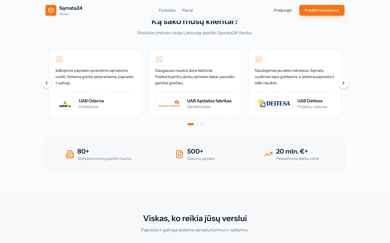 Klientų atsiliepimai ir skaičiai: statybos įmonių kiekis, sudarytų sąmatų skaičius ir bendra jų vertė.