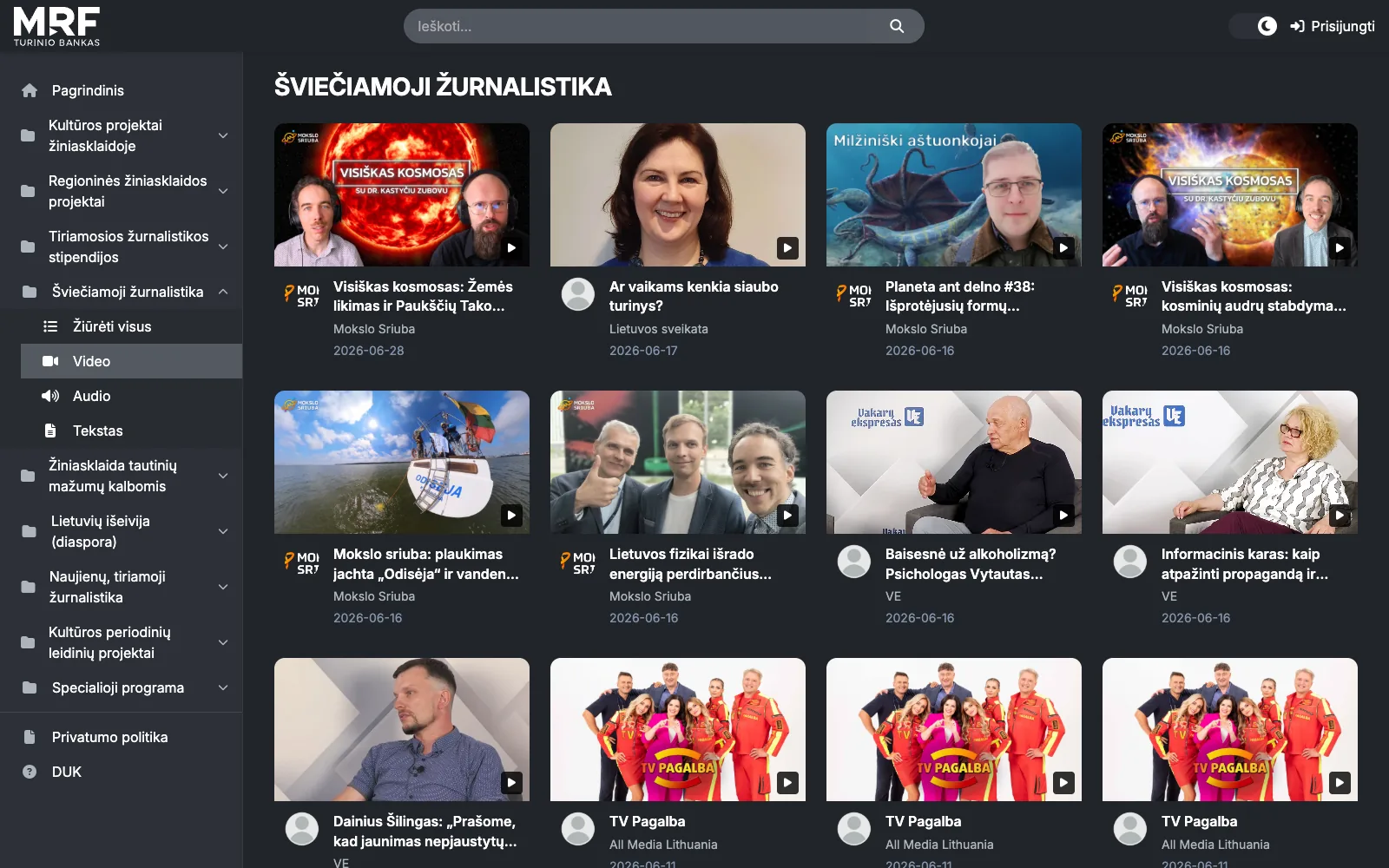Tos pačios programos vaizdo įrašai: filtras šoniniame meniu palieka tik video formatą.