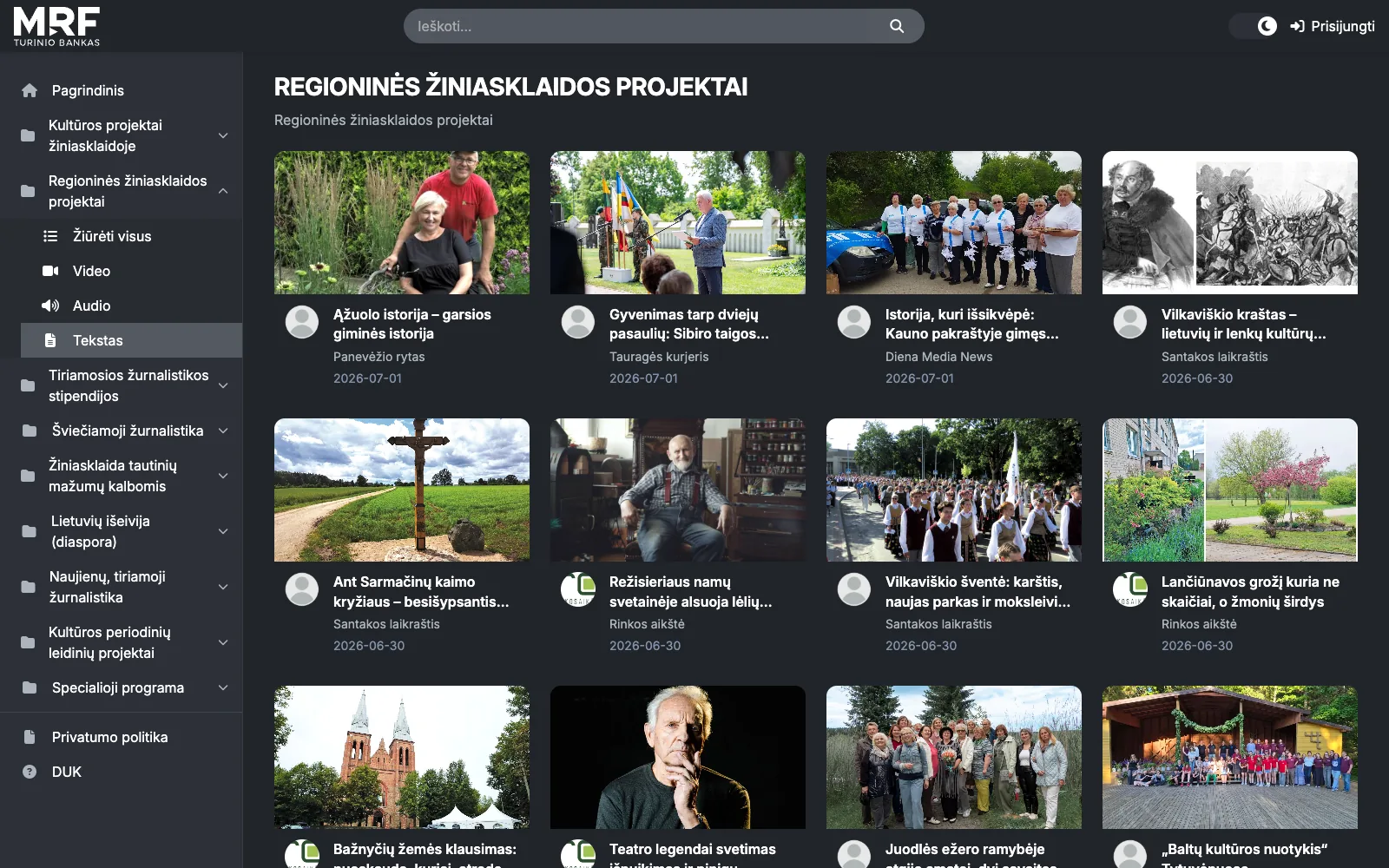 Regioninės žiniasklaidos projektai, atrinkti tik teksto straipsniai su redakcijos pavadinimu ir data.