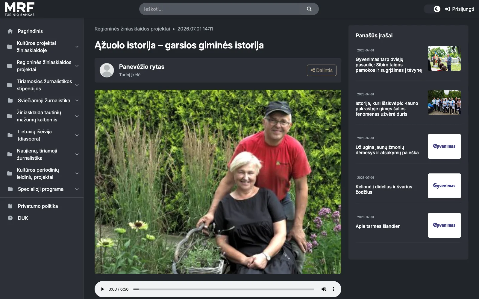 Straipsnio puslapis: kuri redakcija įkėlė turinį, dalinimasis, panašūs įrašai ir garso versija po nuotrauka.