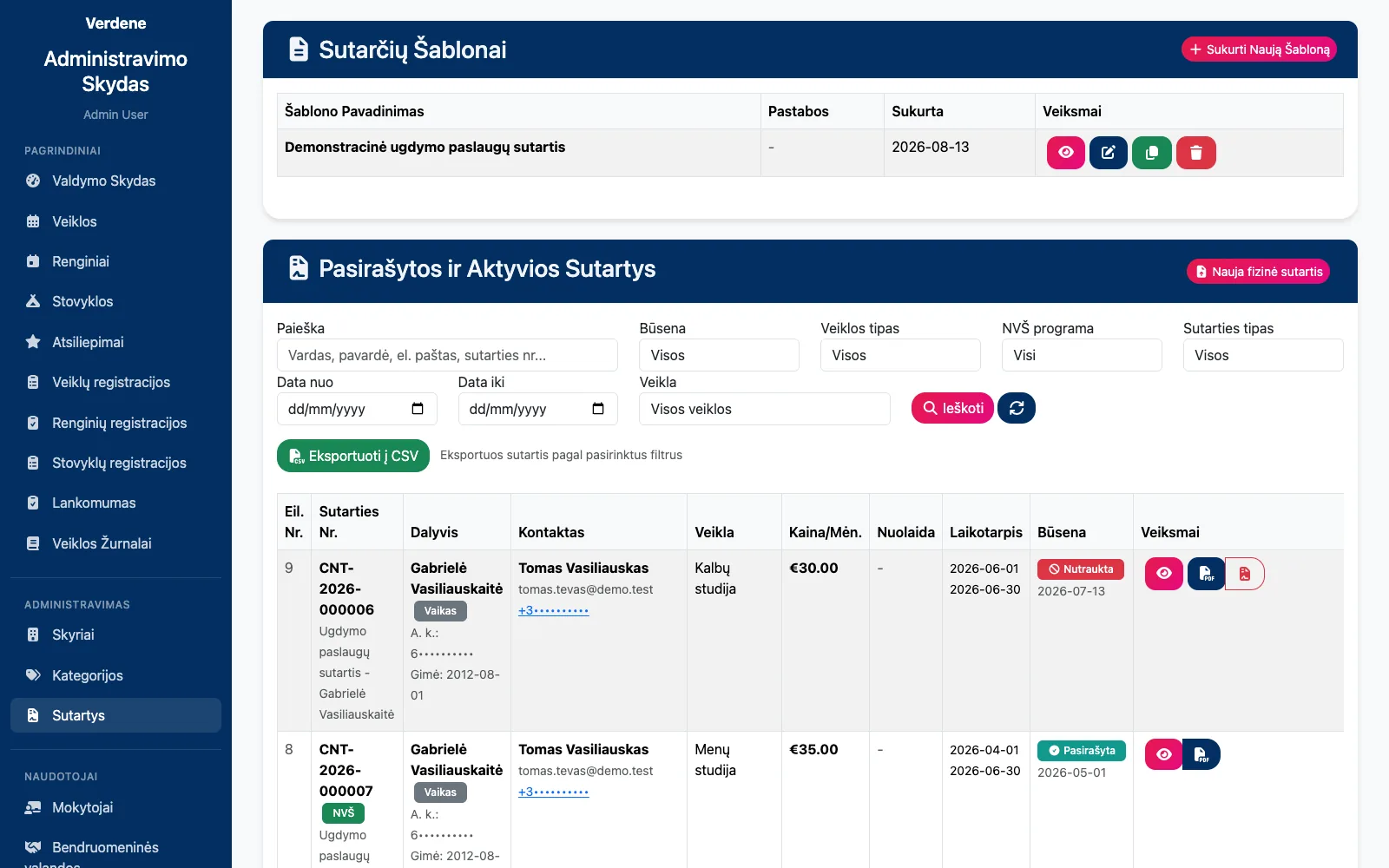Sutarčių šablonai ir pasirašytos sutartys su kaina, laikotarpiu, būsena ir PDF.