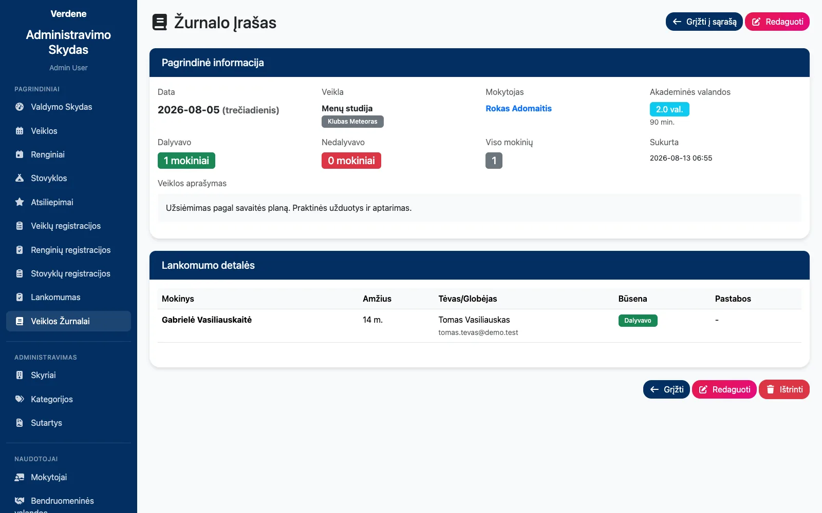 Žurnalo įrašas: užsiėmimo aprašymas ir kiekvieno vaiko lankomumas su globėjo kontaktu.