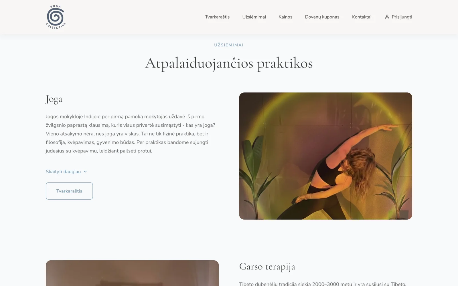Užsiėmimų pristatymas: kiekviena praktika aprašoma atskirai, su nuotrauka ir nuoroda į registraciją.